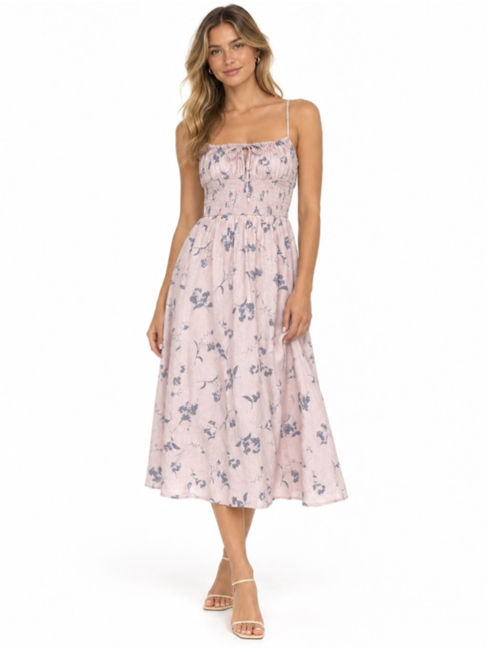 Aritzia Wilfred Pink Floral Organic Linen Smocked Midi Dress Size S